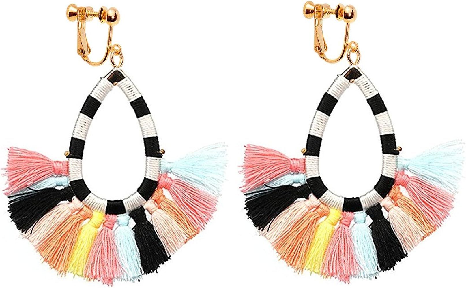 Clip on Dangle Tassel Earrings Long Fringe Drop Bohemian Chandelier Beaded Women Colorful | Amazon (US)