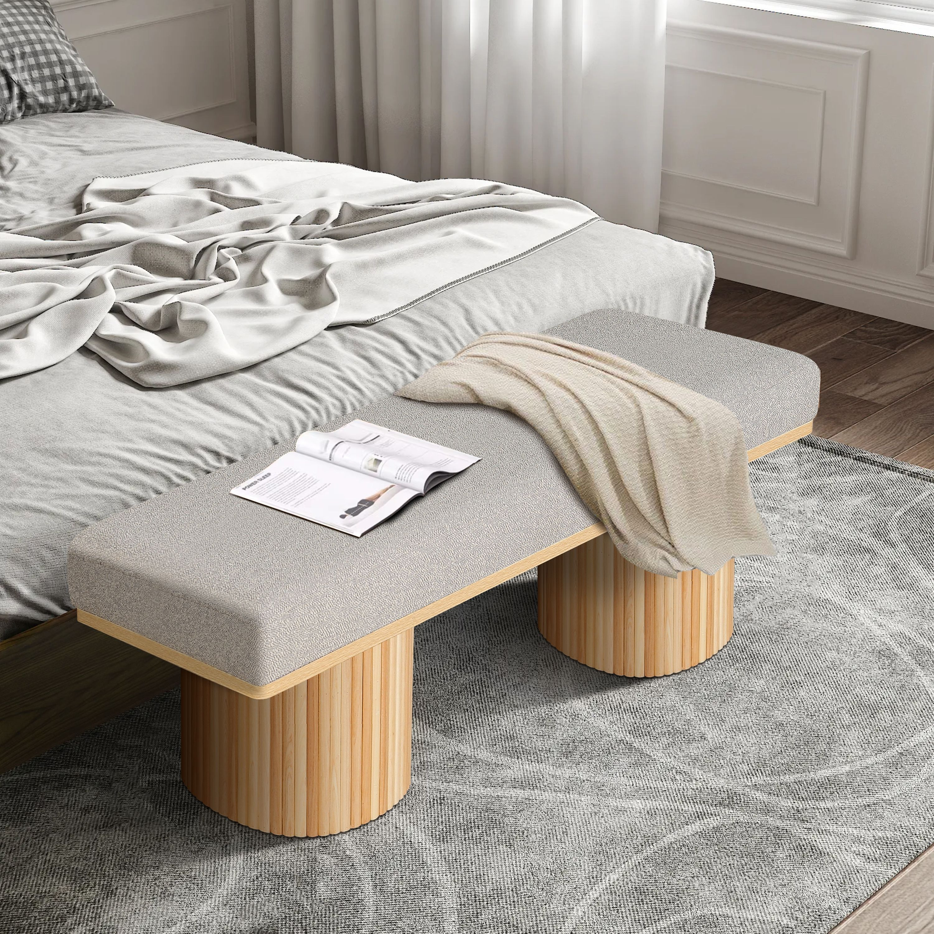 Blisstyle Upholstered Bench with Chunky Legs Light Grey Boucle Fabric Contemporary Style Bed End Bench for Bedroom Living Room Natural Wood one_size | Lowe's