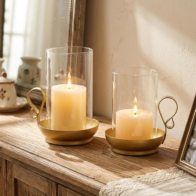 Hurricane Glass Candle Holders: Gold Candle Holder Set of 2 | with Clear Glass Sleeve Decorative ... | Amazon (US)