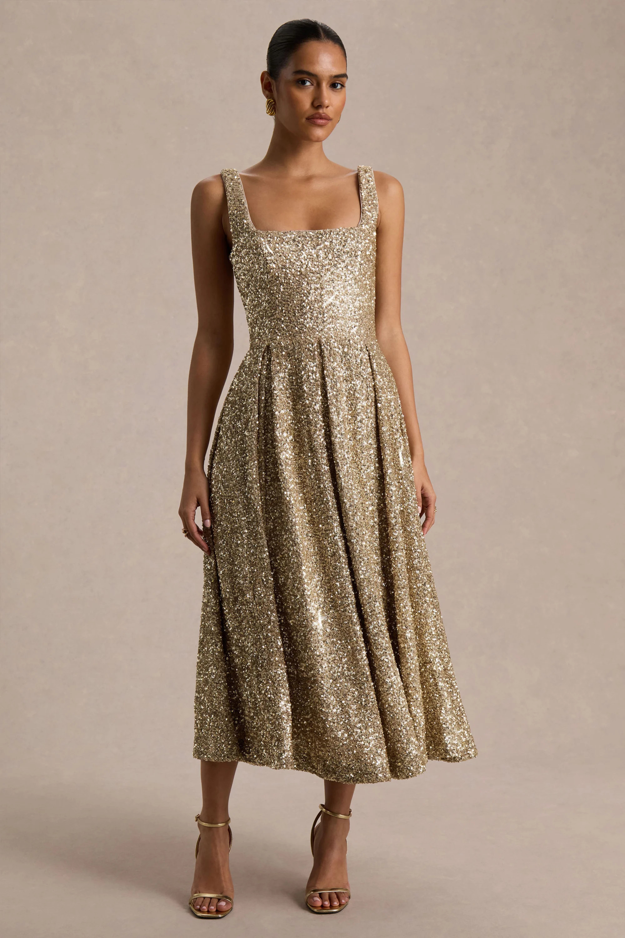 Lima  Champagne Sequin Square-Neck A-Line Midi Dress | Club L London