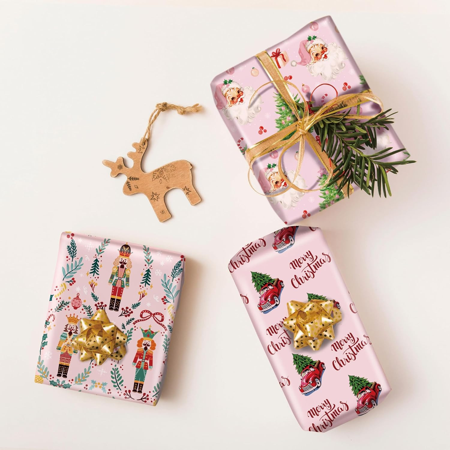 SaringSwoon Pink Nutcracker Christmas Wrapping Paper - Xmas Gift Wrap with Holiday Soldiers and W... | Amazon (US)