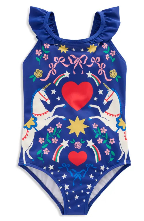 Mini Boden Kids' Hallie Ruffle One-Piece Swimsuit in Sapphire Blue Unicorn at Nordstrom, Size 6-7 | Nordstrom