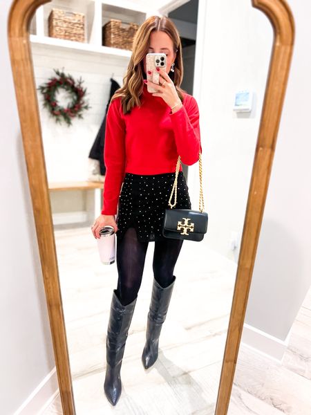Holiday party outfit. Christmas party outfit. Christmas outfit. Holiday outfit. Target sparkly skort in XXS. Target red sweater in XS. Knee high boots (I went up half a size).Tory Burch Eleanor bag. 

#LTKparties #LTKshoecrush #LTKHoliday