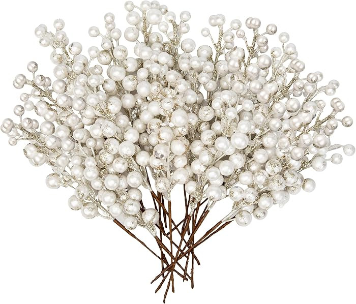 20 PCS Artificial Christmas Berry Picks, 8.7" Pearl White Faux Berry Stems Spray with Glitter Pai... | Amazon (US)
