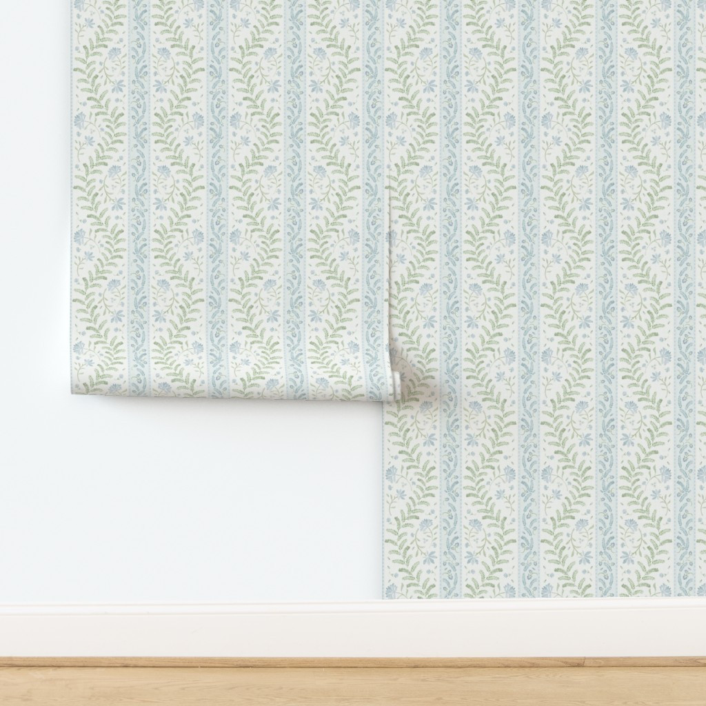 177Hand-painted watercolor florals, vine leaves and zig zag stripes_sage blue_12 Wallpaper bybloo... | Spoonflower