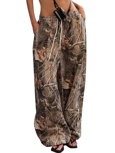 YKR Women's Camo Pants Y2K Camouflage Wide Leg Sweatpants Elastic Waist Drawstring Baggy Joggers with Pockets | Amazon (US)