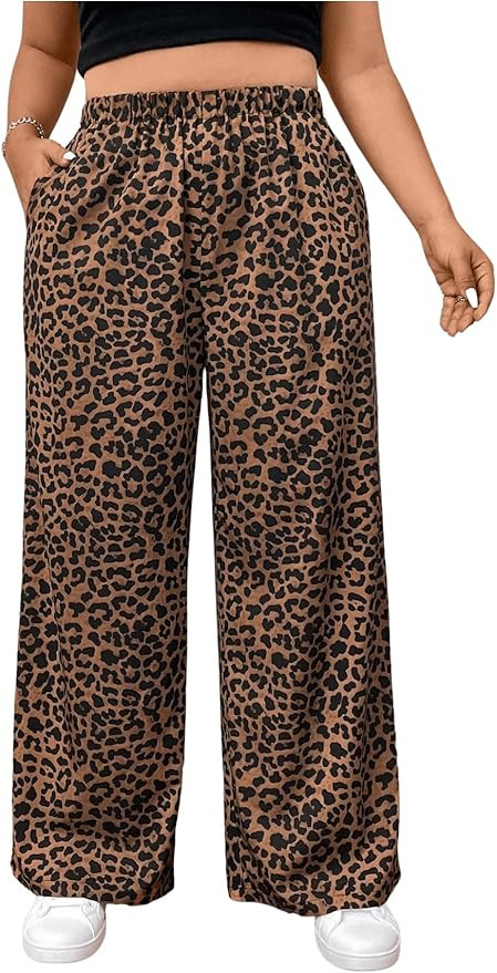 OYOANGLE Women's Plus Size Leopard Print Wide Leg Pants Elastic High Waisted Casual Trousers with... | Amazon (US)