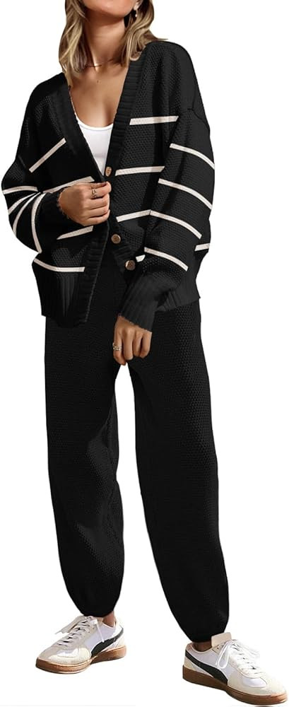 SAUKOLE Womens Two Piece Outfits Knit Sweater Sets Oversized Button Down Cardigan and Long Pants ... | Amazon (US)