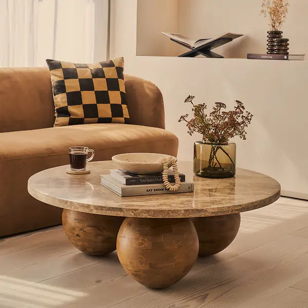 Melrose - Light Emperador Marble Round Warm Wood Premium Coffee Table | William Wood