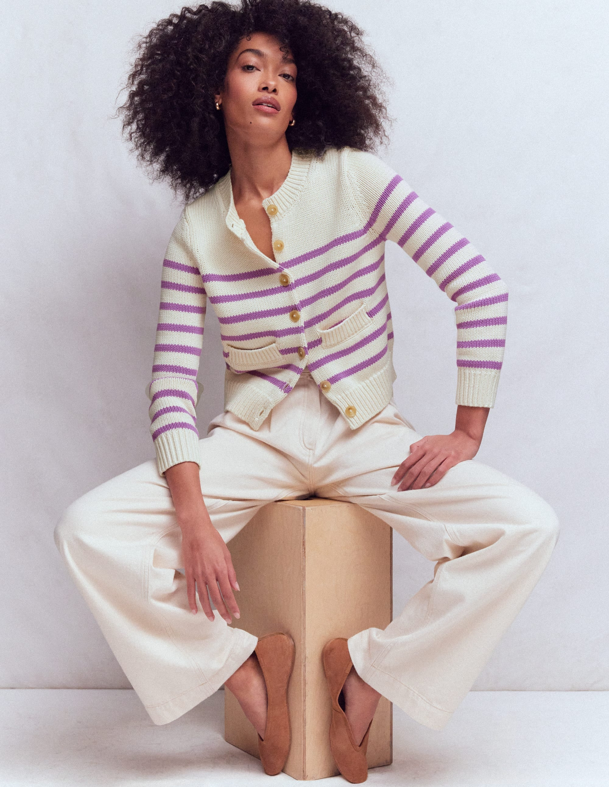 Lucy Chunky Cotton Cardigan-Warm Ivory/ Mulberry Purple | Boden (US)