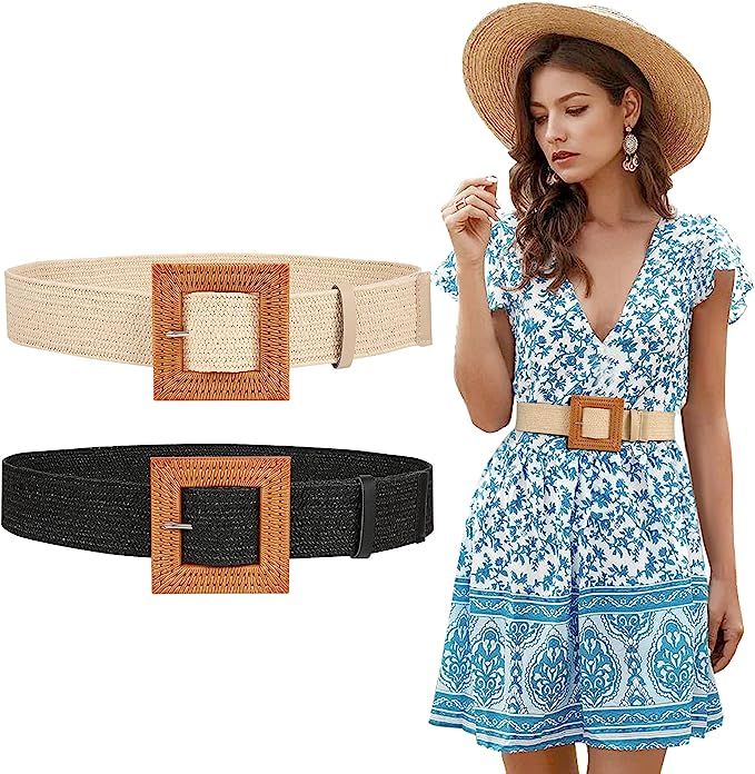 JASGOOD Straw Woven Elastic Stretch Belt for Women, Fashion Skinny Dress Boho Belt with Wooden St... | Amazon (US)