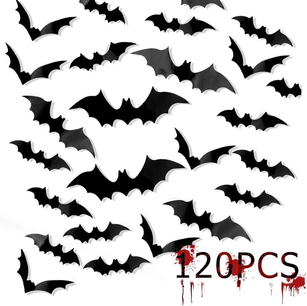 120 Pcs 3D Bats Stickers, Halloween Party Supplies Waterproof Scary Bats Wall Decor DIY Home Wind... | Amazon (US)