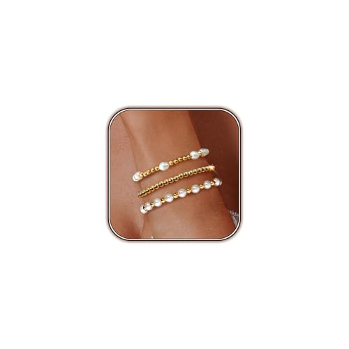 Zeffy Gold Beaded Bracelets for Women Dainty Baroque Pearl Stackable14K Gold Plated Stretch Bead Ball Bracelet Set Trendy Jewelry Gifts 3pcs | Amazon (US)