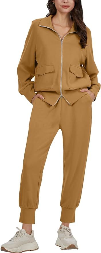 DEEP SELF Womens 2 Piece Outfits Sweatsuit Set Long Sleeve Zip Up Sweatshirt and Jogger Sweatpant... | Amazon (US)