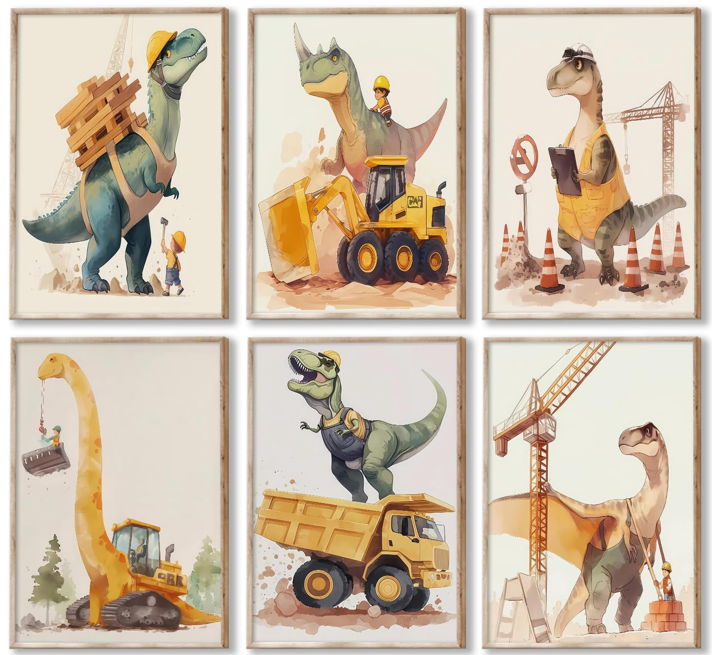 Cute Dinosaur Nursery Canvas Wall Art Construction Trucks and T-Rex Painting Picture Kids Boys Ro... | Amazon (US)
