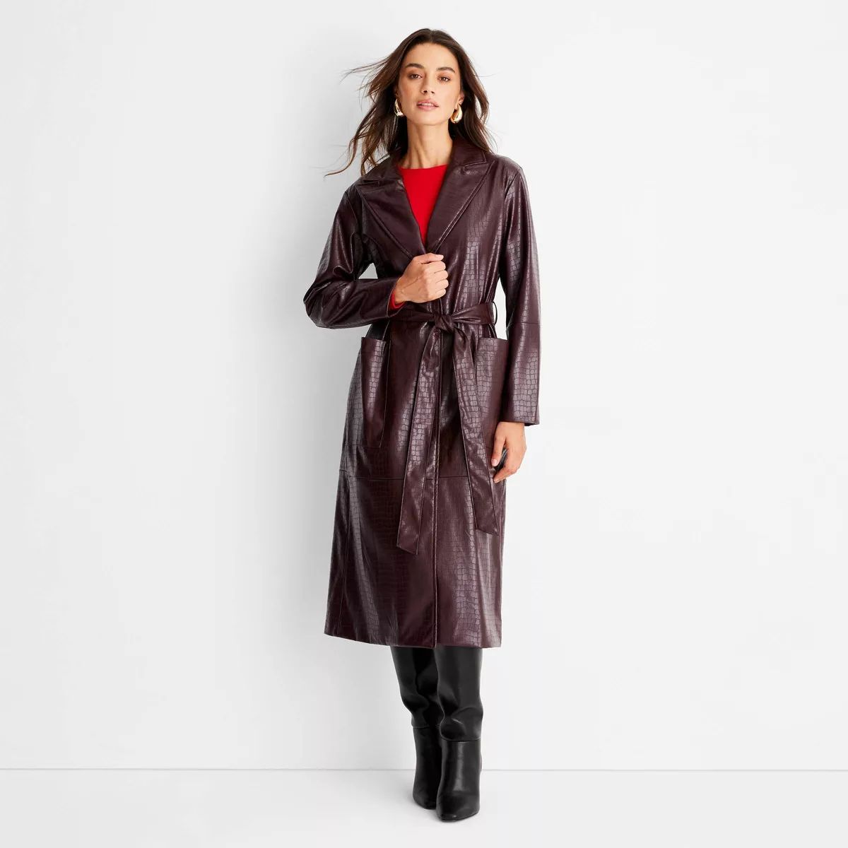 Women's Faux Croc Trench Coat - A New Day™ Burgundy | Target