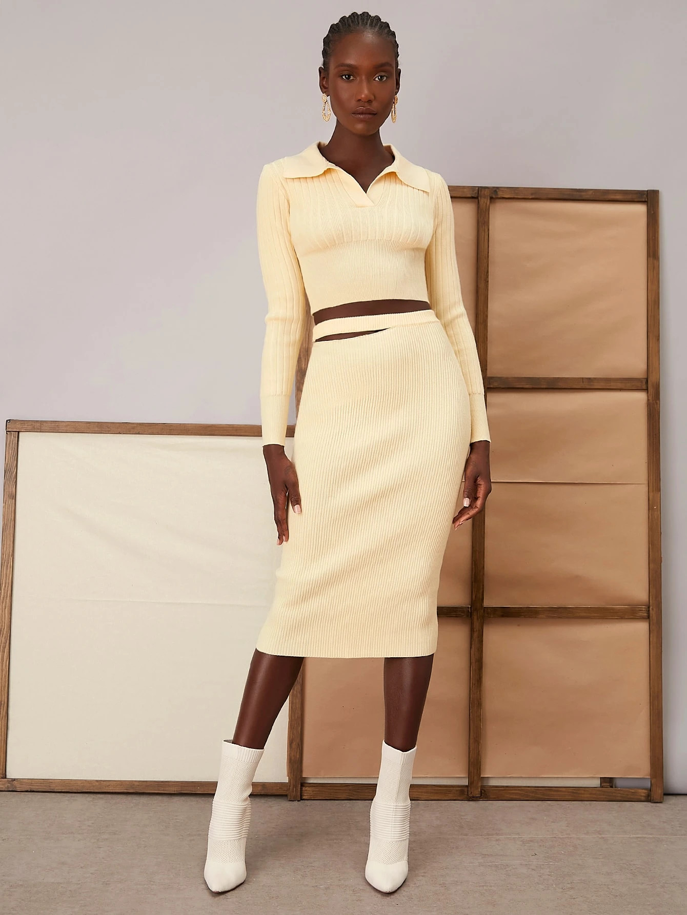 SHEIN Ribbed Knit Sweater And Cutout Waist Skirt Set | SHEIN