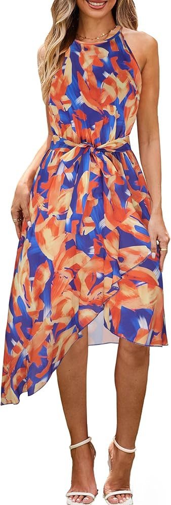 ECOWISH Polka Dot Women Summer Dress Midi A Line Ruffle High Low Sleeveless Boho Floral Halternec... | Amazon (US)