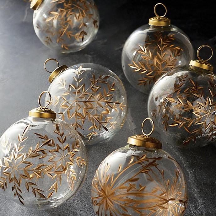 Gold Etched Glass Accent Ornaments with Floral & Snowflake Patterns, Set of 6 | Frontgate
