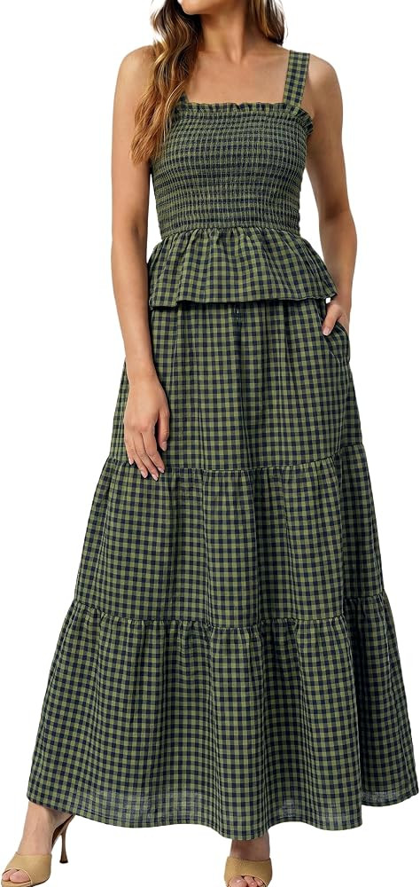 Glamaker Womens 2 Piece Skirt Sets Summer Gingham Plaid Tank Tops Maxi Skirt Casual Travel Vacati... | Amazon (US)