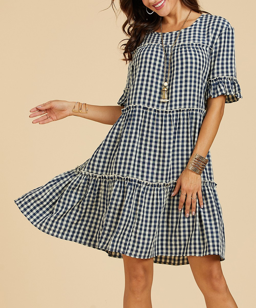 Suzanne Betro Dresses Women's Casual Dresses 101NAVY/WHT - Navy & White Gingham Tiered Shift Dress - | Zulily
