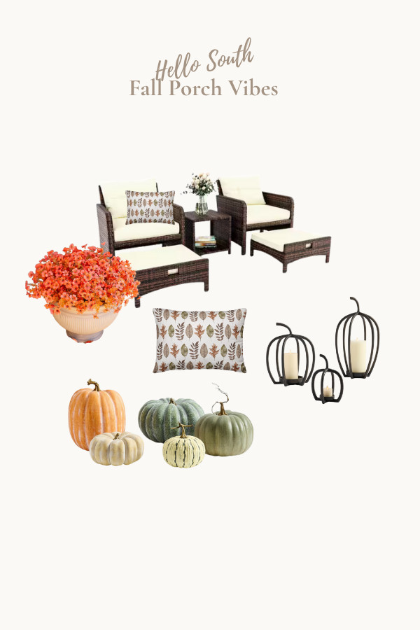 Cozy fall porch update ideas 🍂 Create a warm southern welcome with neutral patio furniture, fall throw pillows, lanterns, faux pumpkins, and colorful mums. Perfect for front porch decorating, outdoor fall seating, and coastal farmhouse style.  

 #LTKSeasonal #LTKHome #LTKStyleTip
