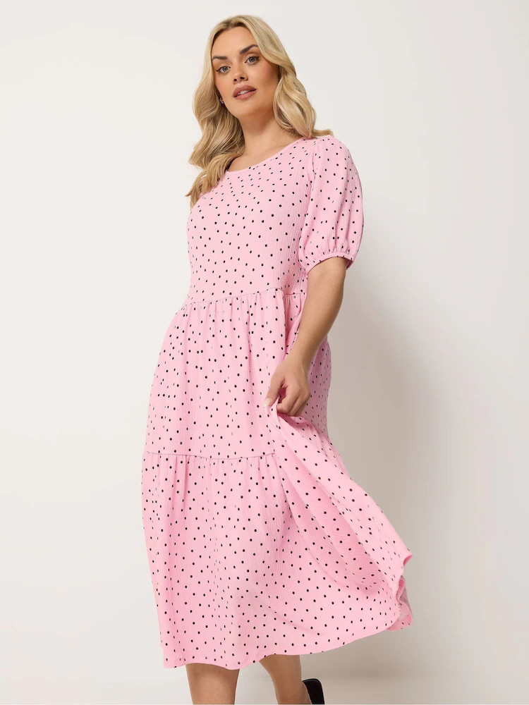 Pink gepunktet - Yours Curve Puff Sleeve Tiered Dress | Next EU