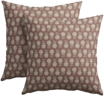 Kawani Vintage Pillow Covers 18x18 Inch Set of 2 Brown Floral Block Print Outdoor Decorative Thro... | Amazon (US)