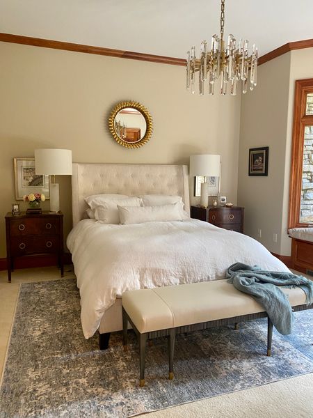 Bedroom update. This guest bedroom is a work in progress but I’m loving the winged headboard, mirror, and bedroom lighting. 
kimbentley, home decor, bedroom decor, table lamp, mirror, chandelier, guest bedroom 

#LTKhome #LTKFind #LTKwedding