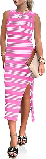 Wenrine Womens Summer Sundress Bodycon Midi Dress Sleeveless Casual Knit Striped Hollow Out Slit ... | Amazon (US)