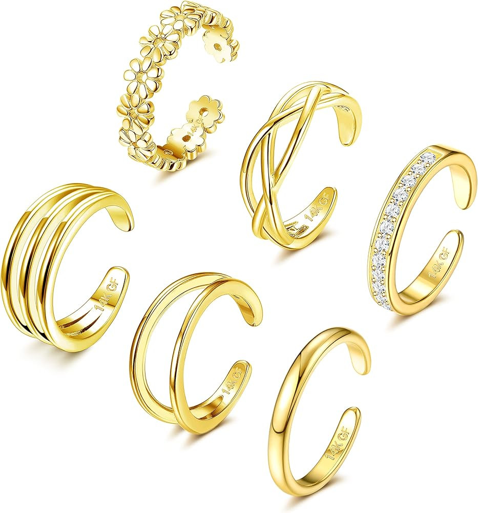 Adramata 6 Stück 14 Karat Gold Gefüllte Zehenringe für Damen Blumenherz Offene Zehenringe Daum... | Amazon (DE)