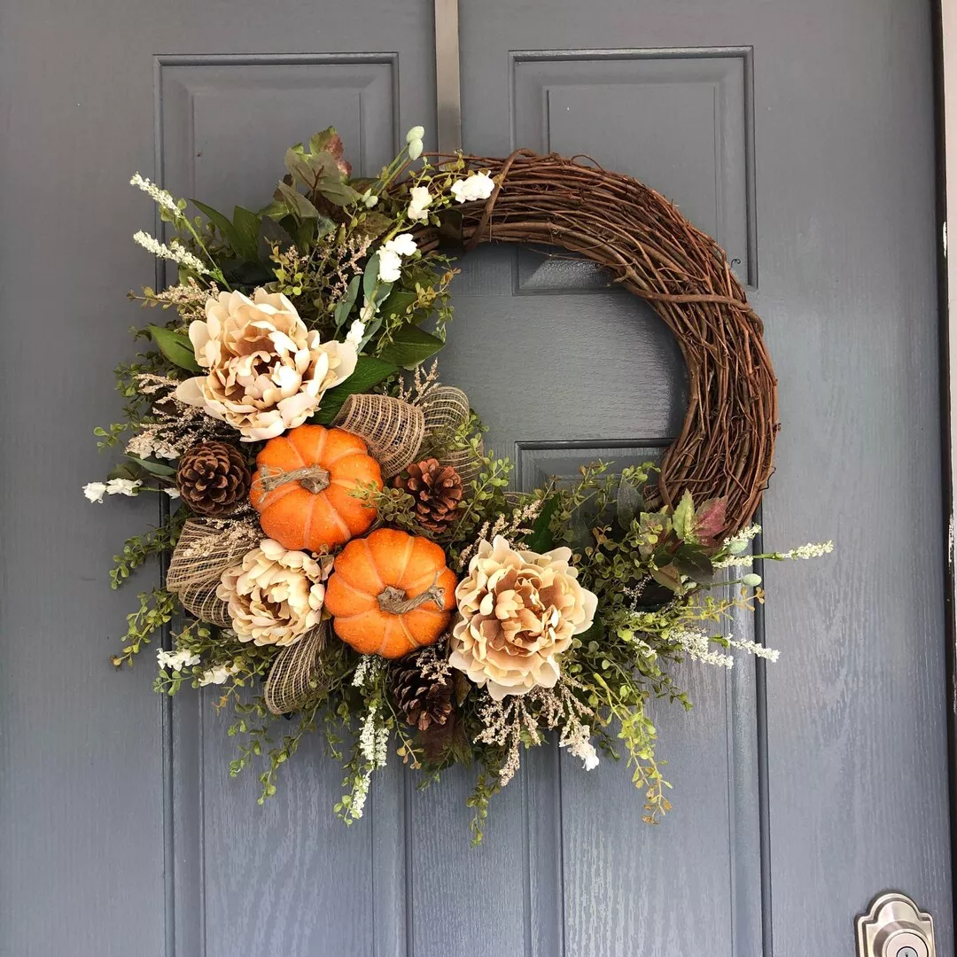 Decorations Pumpkins, Fall Peony and Pumpkin Wreath; Autumn Year Round  Wreaths for Front Door; Artificial Fall Wreath; Halloween Wreath;  Thanksgiving