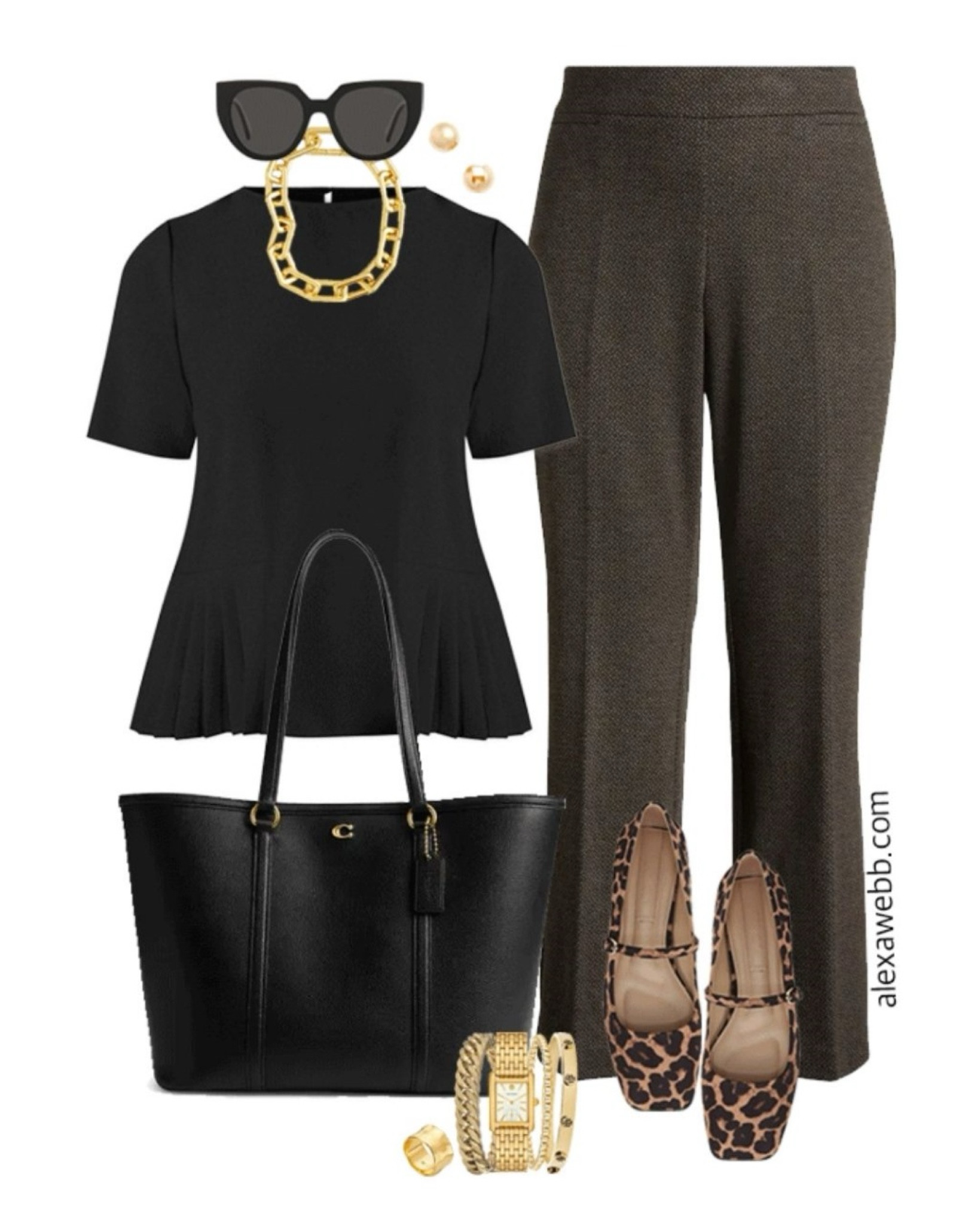 Plus size fall business casual work capsule wardrobe with a black blouse, black and tan pants and leopard Mary Jane flats. Alexa Webb 

#LTKStyleTip #LTKWorkwear #LTKPlusSize