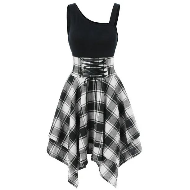 Egmy Women Sleeveless Cold Shoulder Cross Lace Up Plaid Print Irregular Dress - Walmart.com | Walmart (US)