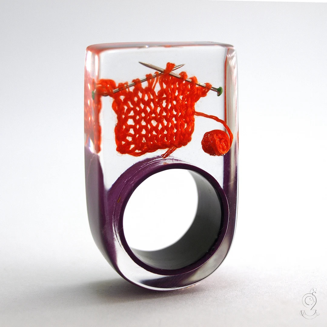 Knitting Ring Extraordinary Ring With Orange-red Knitted Wool and Knitting Needles on a Purple Ri... | Etsy (US)