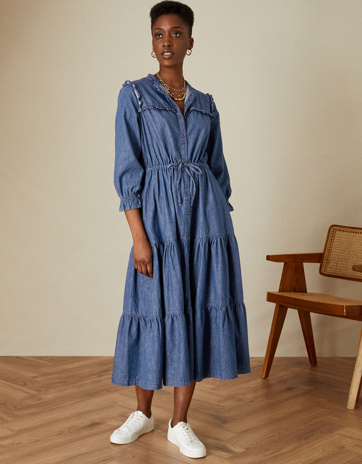 Tiered Denim Dress in Sustainable Cotton Blue | Monsoon (UK)