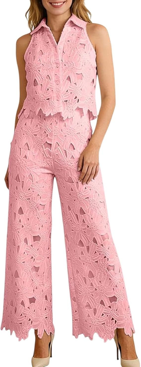 Two Piece Lace Outfits For Women,Floral Sleeveless Collared Crop Top And Wide Leg Pants,Dressy Ca... | Amazon (US)