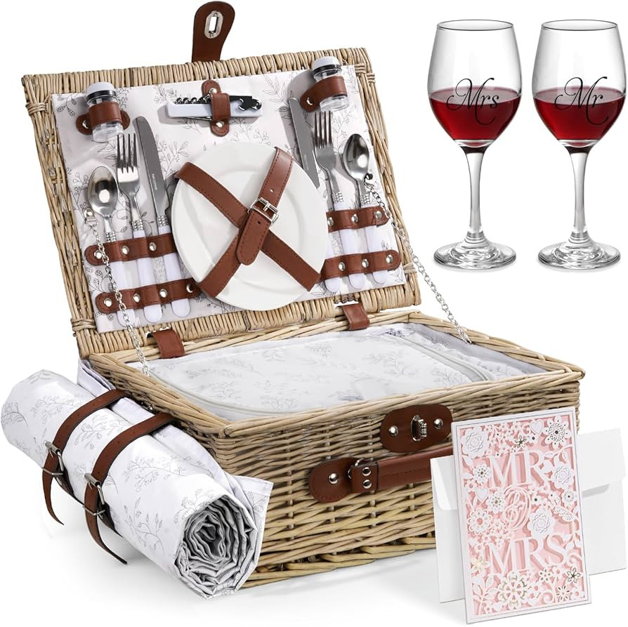 Picnic Basket for 2, Bridal Shower Gift Wedding Gifts with Mr Mrs Wine Glasses and Greeting Card,... | Amazon (US)