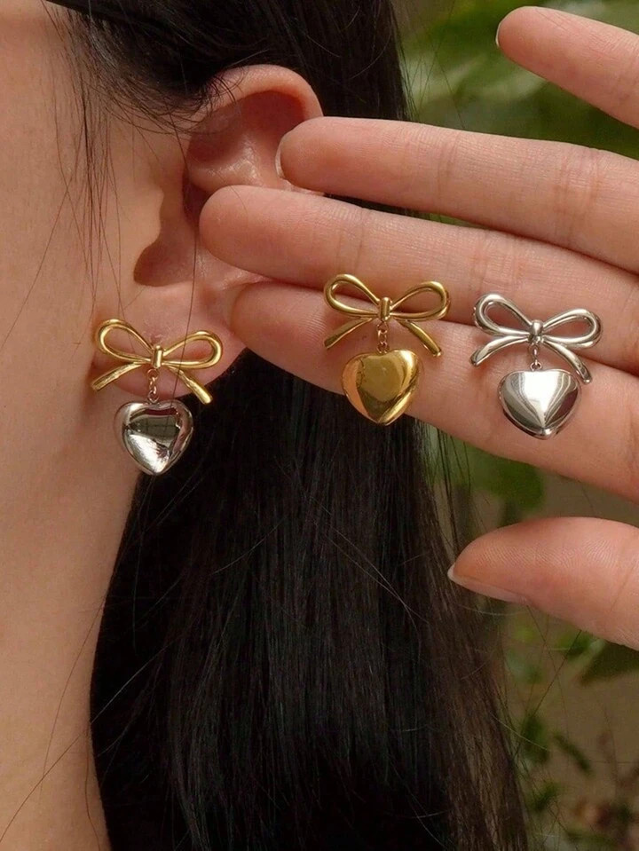 1set/2pcs Sweet Cute Butterfly & Heart Shaped Mixed Stainless Steel Pendant Earrings, Suitable Fo... | SHEIN