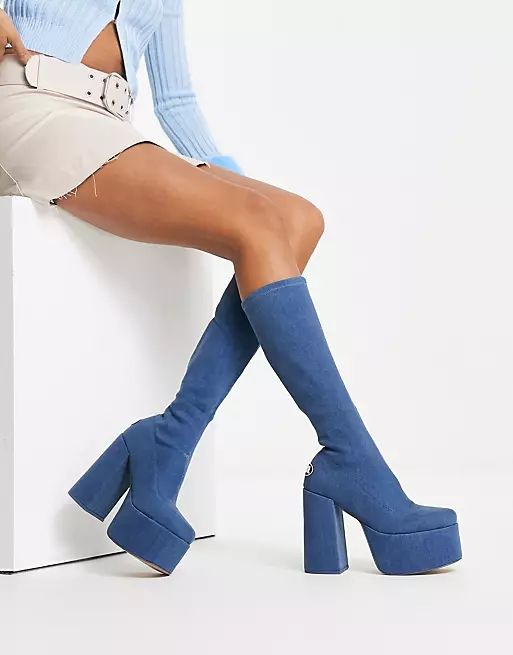 NOKWOL Emmie platform knee boots in denim | ASOS (Global)