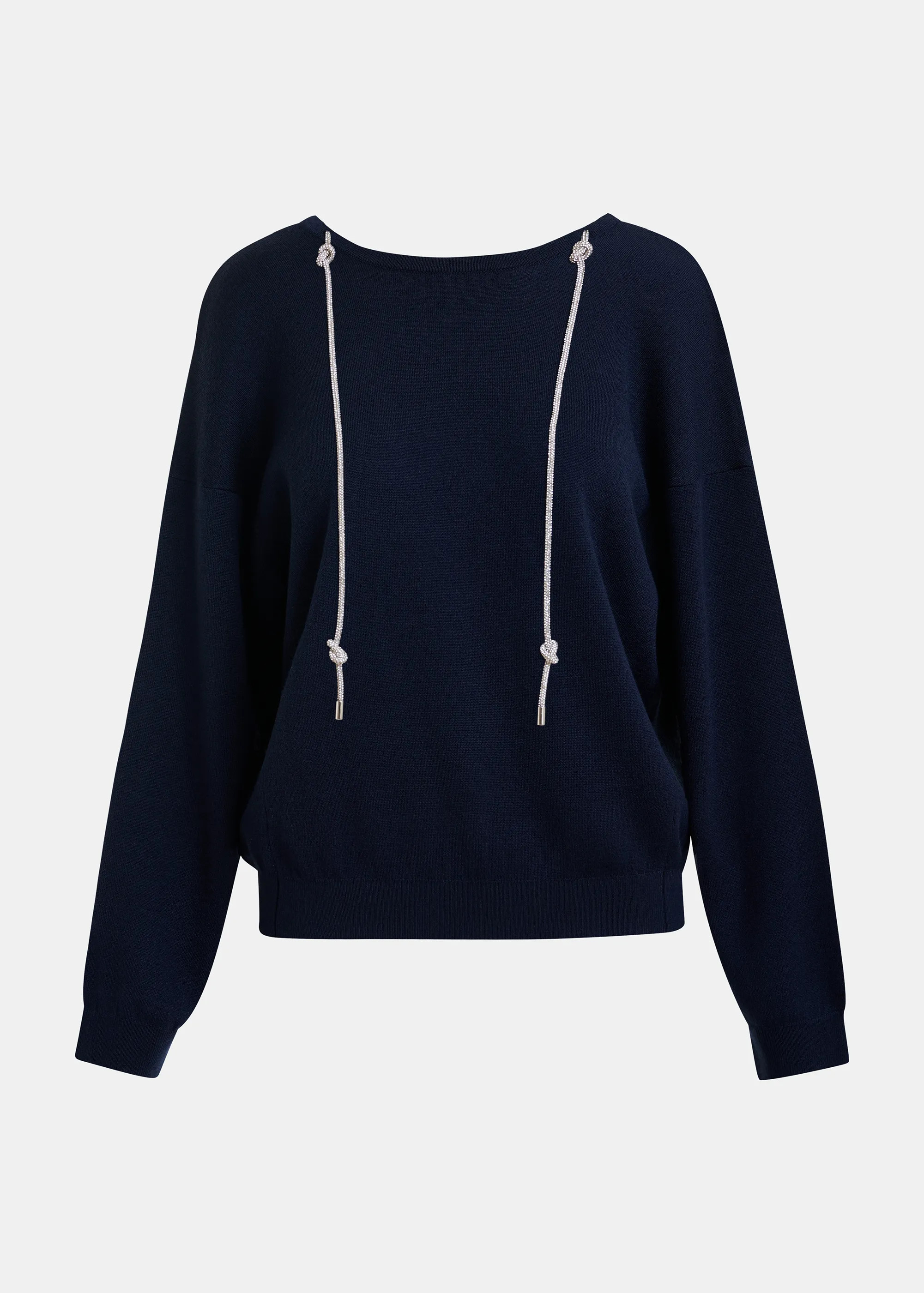 Navy sweater with rhinestone strings | Essentiel Antwerp United Kingdom | Essentiel Antwerp
