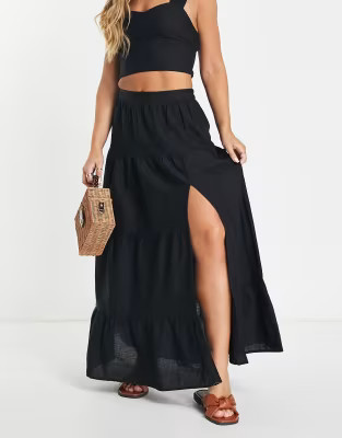 Miss Selfridge tiered linen look maxi skirt in black - part of a set | ASOS (Global)