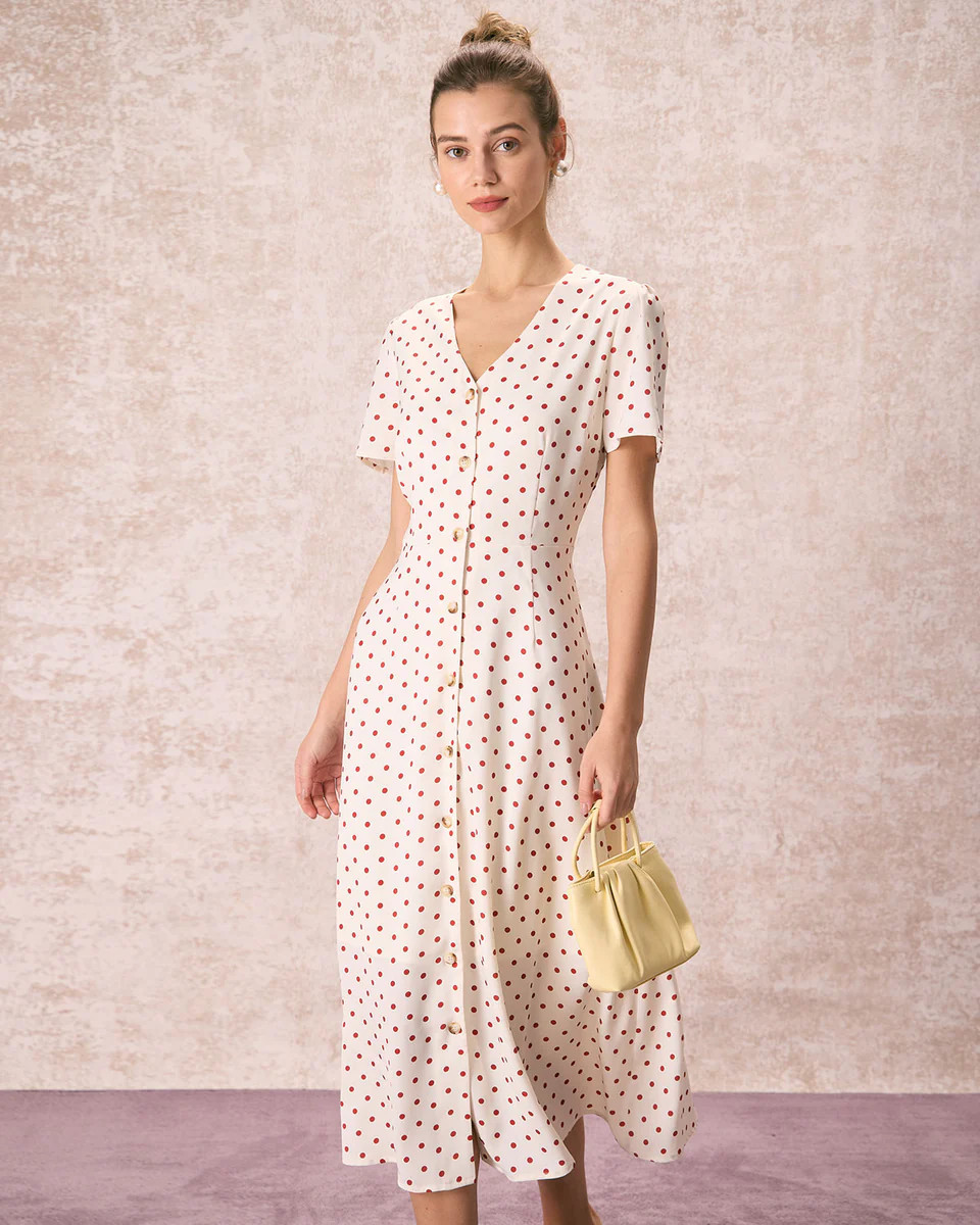 The Beige V Neck Polka Dot Button Midi Dress | rihoas.com
