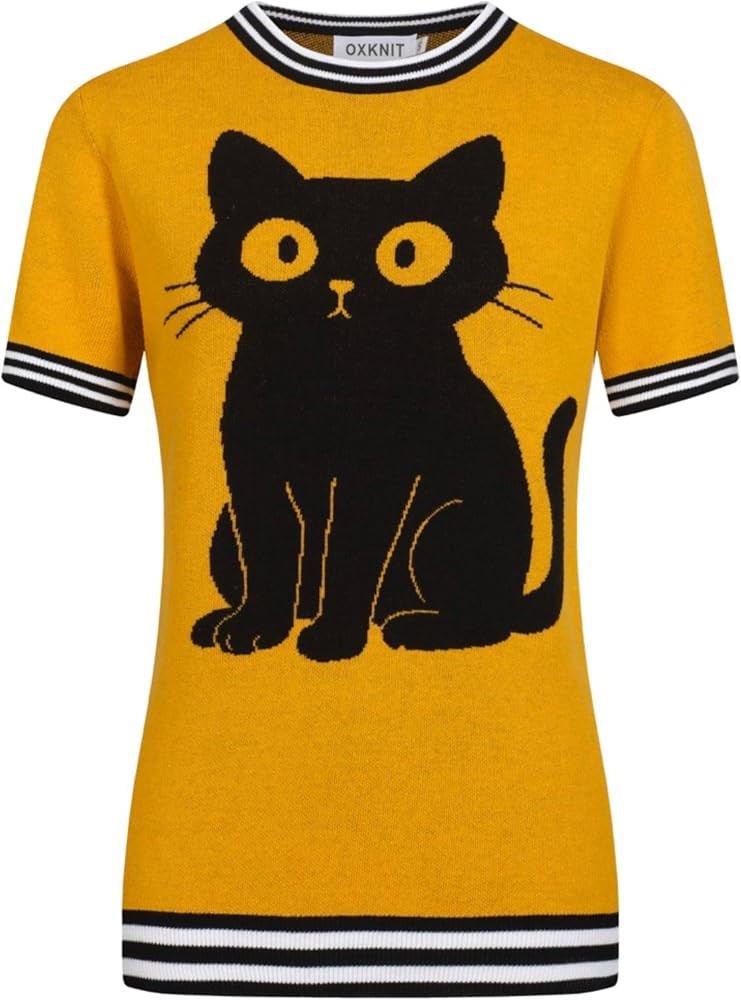 OXKNIT Knit T-Shirts for Women, Retro Cat Pattern Short Sleeve Shirts Casual Crewneck Blouses Sum... | Amazon (US)
