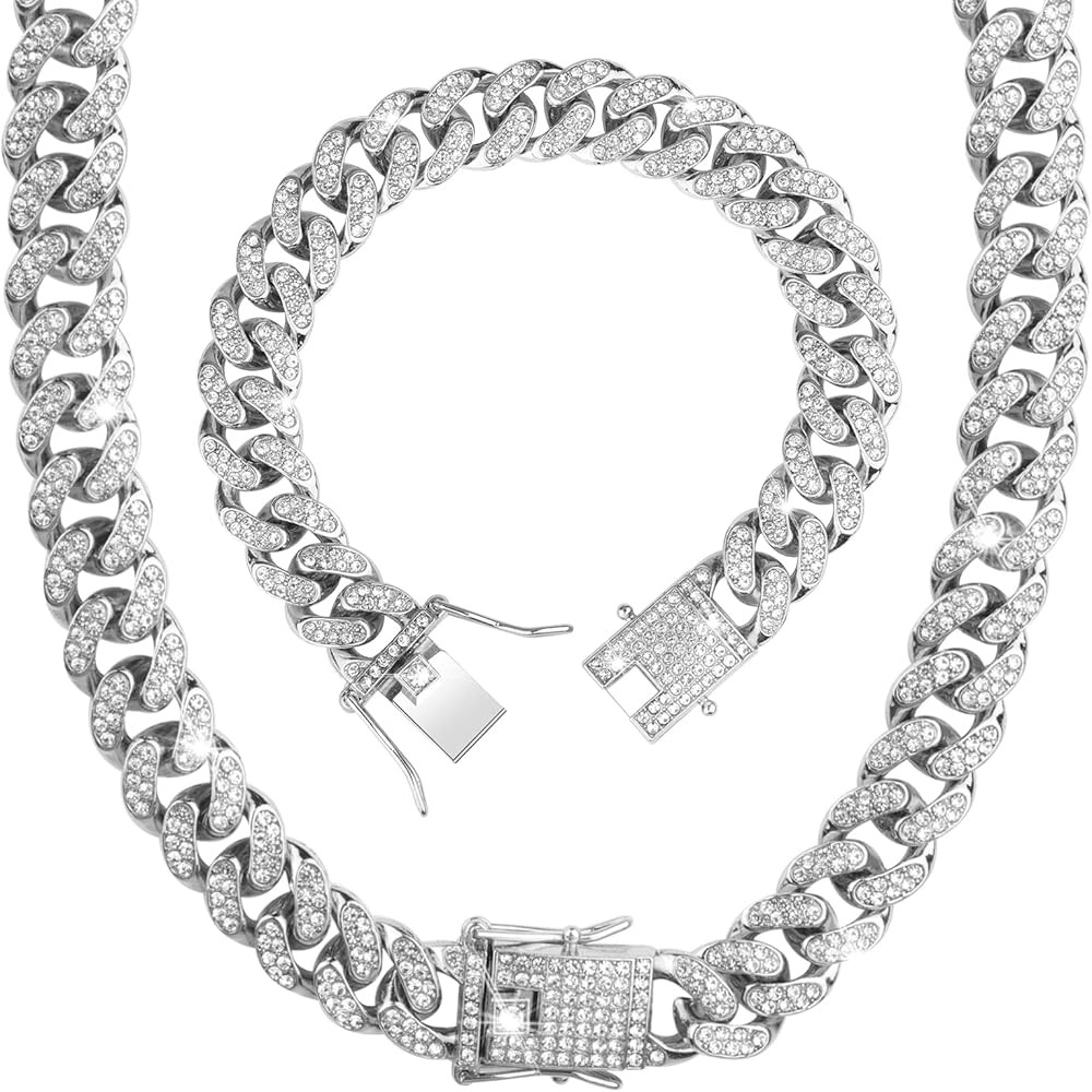 Yolev 12mm Cuban Chain Necklace Bracelet Set for Women Girls Punk Hip Hop Bling Jewelry 2Pieces G... | Amazon (US)