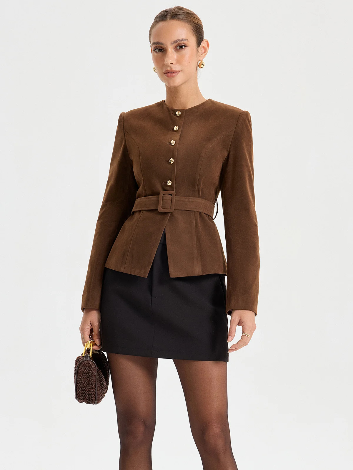 Suede Round Neckline Metal Button Blazer With Belt | Commense