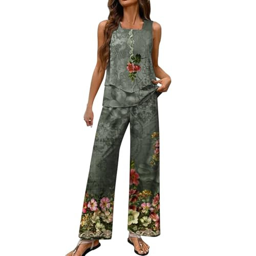2 Piece Sets for Women Summer Sleeveless Lounge Sets Square Neck Tops Wide Leg Crop Pants Y2k Beach Vacation Outfits,women's summer floral wide leg pants set,two piece outfits for women | Amazon (US)