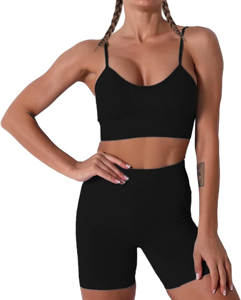 Women Seamless Yoga Set 2 Piece Workout Sport Bra with High Waist Shorts Legging Outfit Tracksuit.JN | Amazon (US)