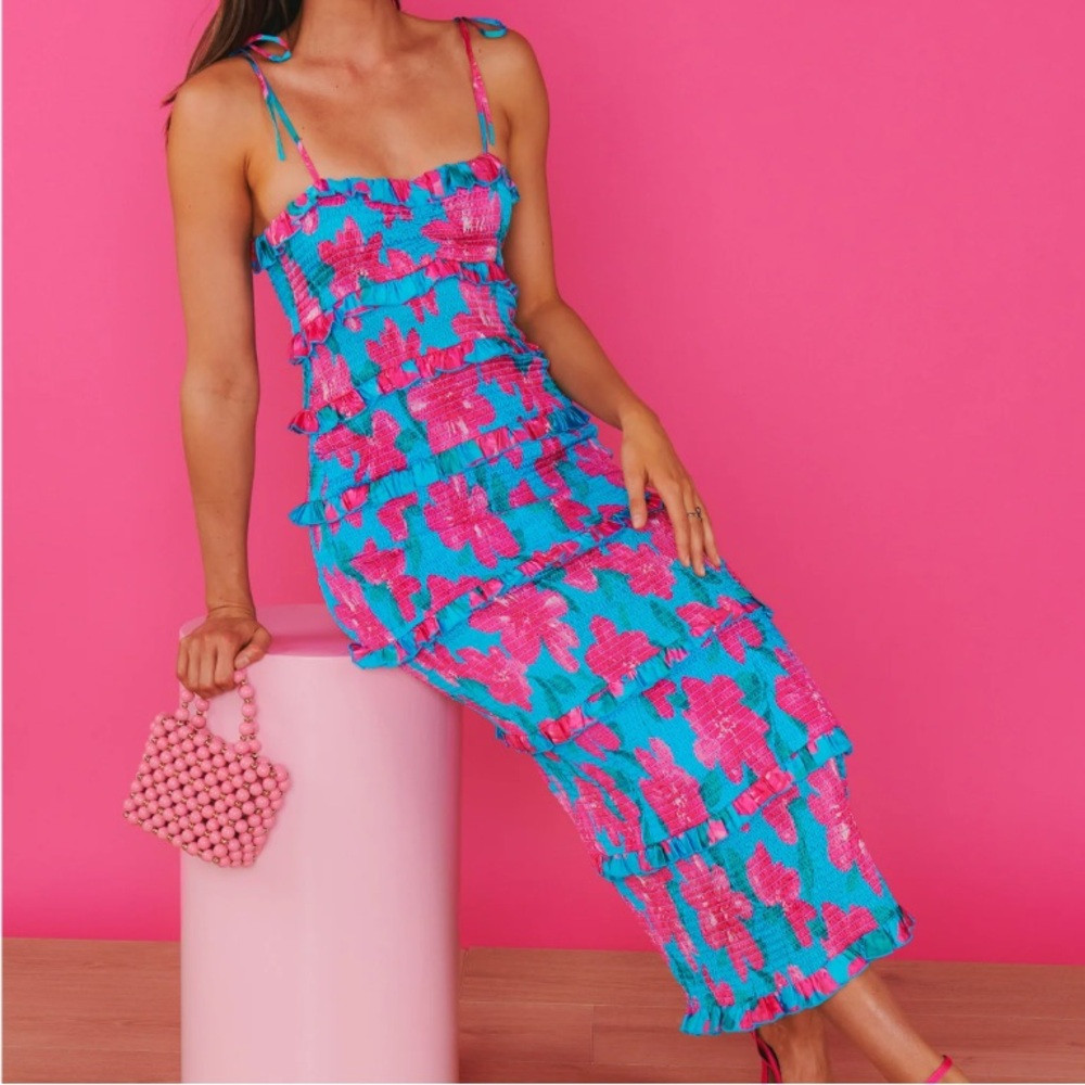 Show Me Your MuMu - Stella Smocked Blue/Pink Dress Garden Print | Poshmark
