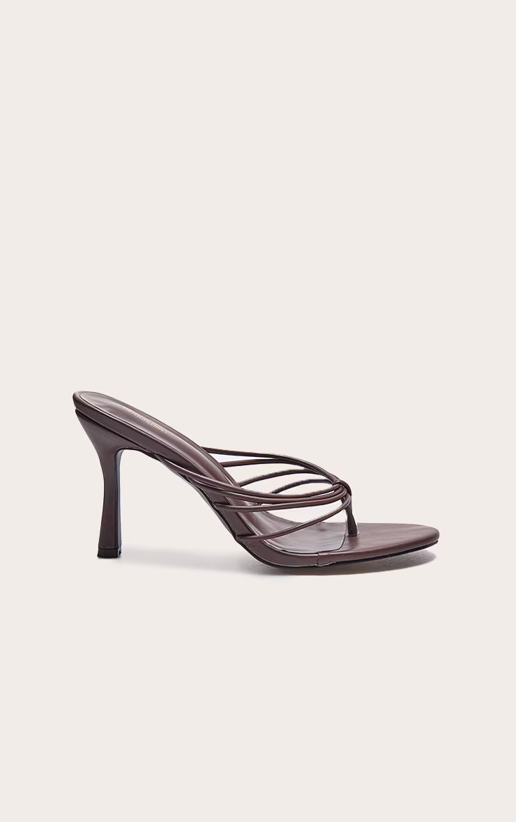 Chocolate Pu Round Toe Thong Strappy Mid Heeled Mules | PrettyLittleThing UK